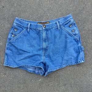 Vintage 90s No Excuses Overalls Side Button Carpenter Jean Shorts Size 15/16